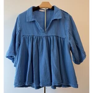 Ces Femme Boho Collared Gauzy Blouse Blue Linen - Medium